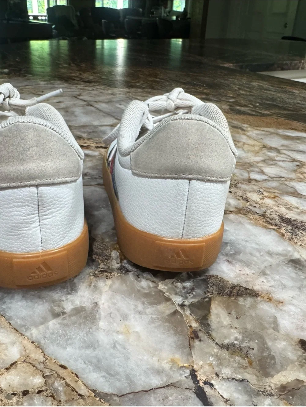 adidas Kids White Sneakers with Blue and Red Stripes and Gum Sole